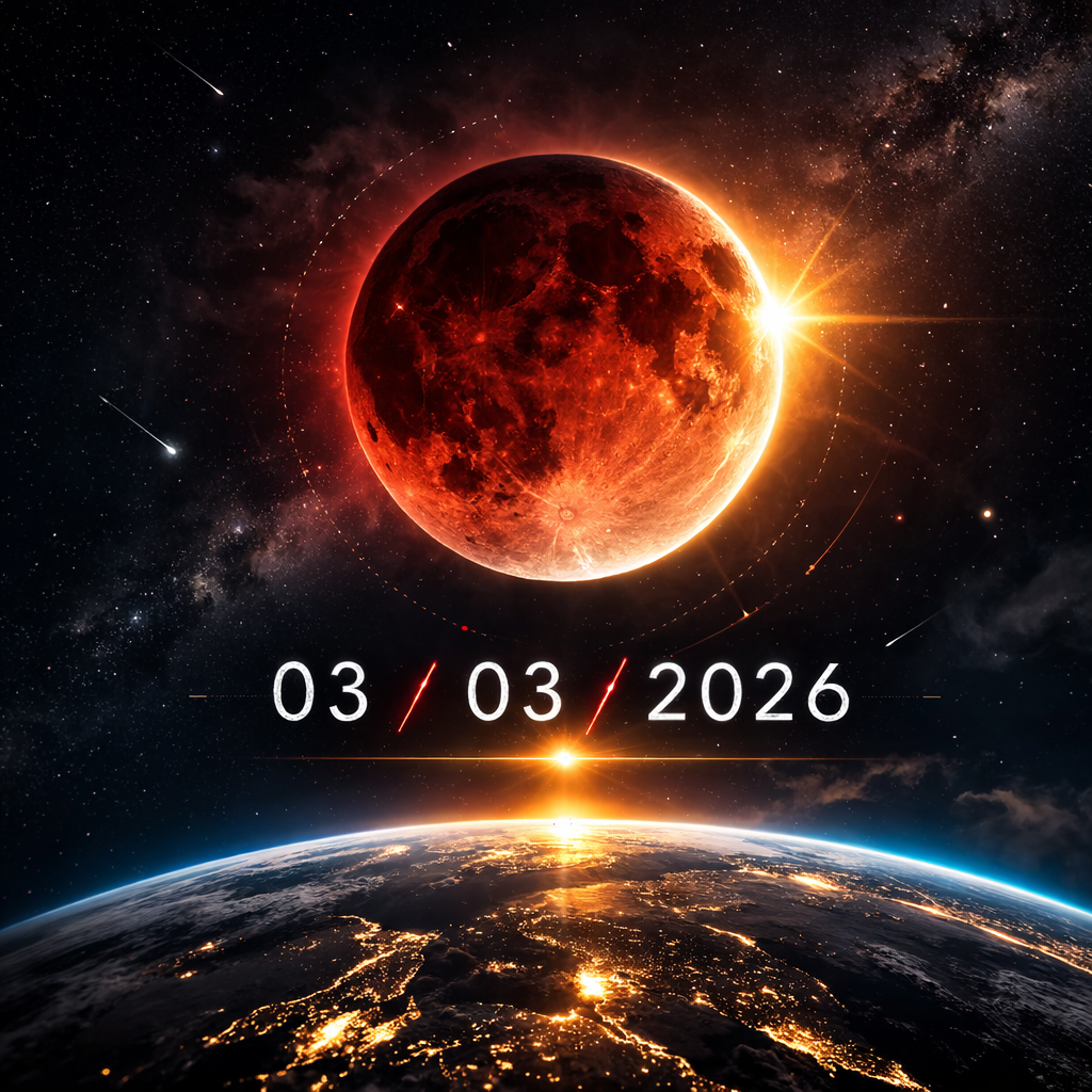 Eclipse lunar total hiperrealista con la Luna roja en fase de totalidad y la fecha 03/03/2026 sobre un fondo estrellado.