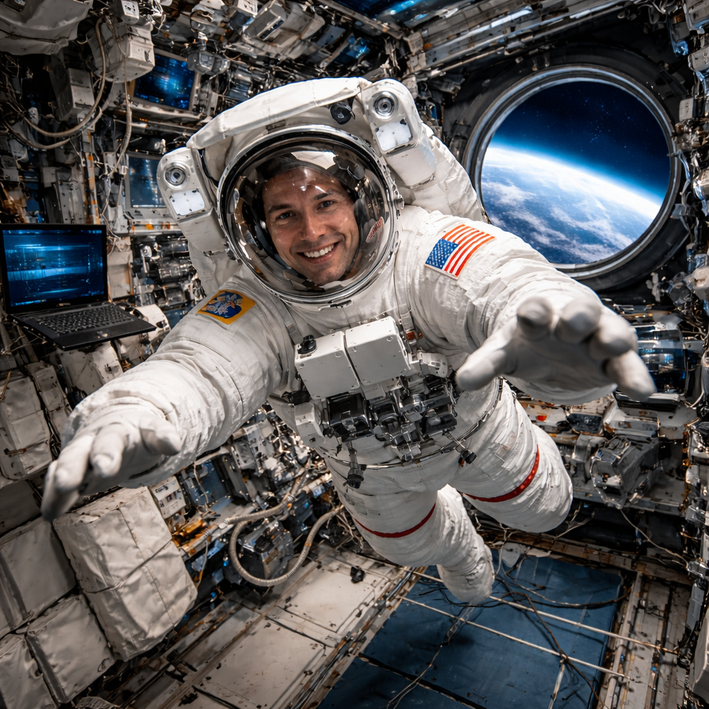 Astronauta de la NASA flotando en gravedad cero dentro de una nave espacial, visto en un plano amplio que muestra el interior lleno de paneles y equipos, con la Tierra visible a través de una ventana circular al fondo.