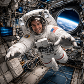 Astronauta de la NASA flotando en gravedad cero dentro de una nave espacial, visto en un plano amplio que muestra el interior lleno de paneles y equipos, con la Tierra visible a través de una ventana circular al fondo.