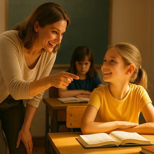 Imagen de una niña feliz recibiendo instrucciones de su profesora