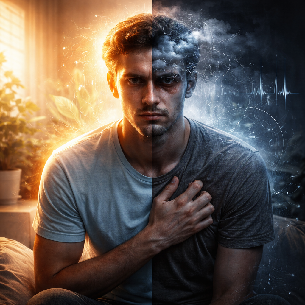 Ilustración conceptual de la conexión entre mente y cuerpo humano, mostrando cómo el estado psicológico influye en la salud física