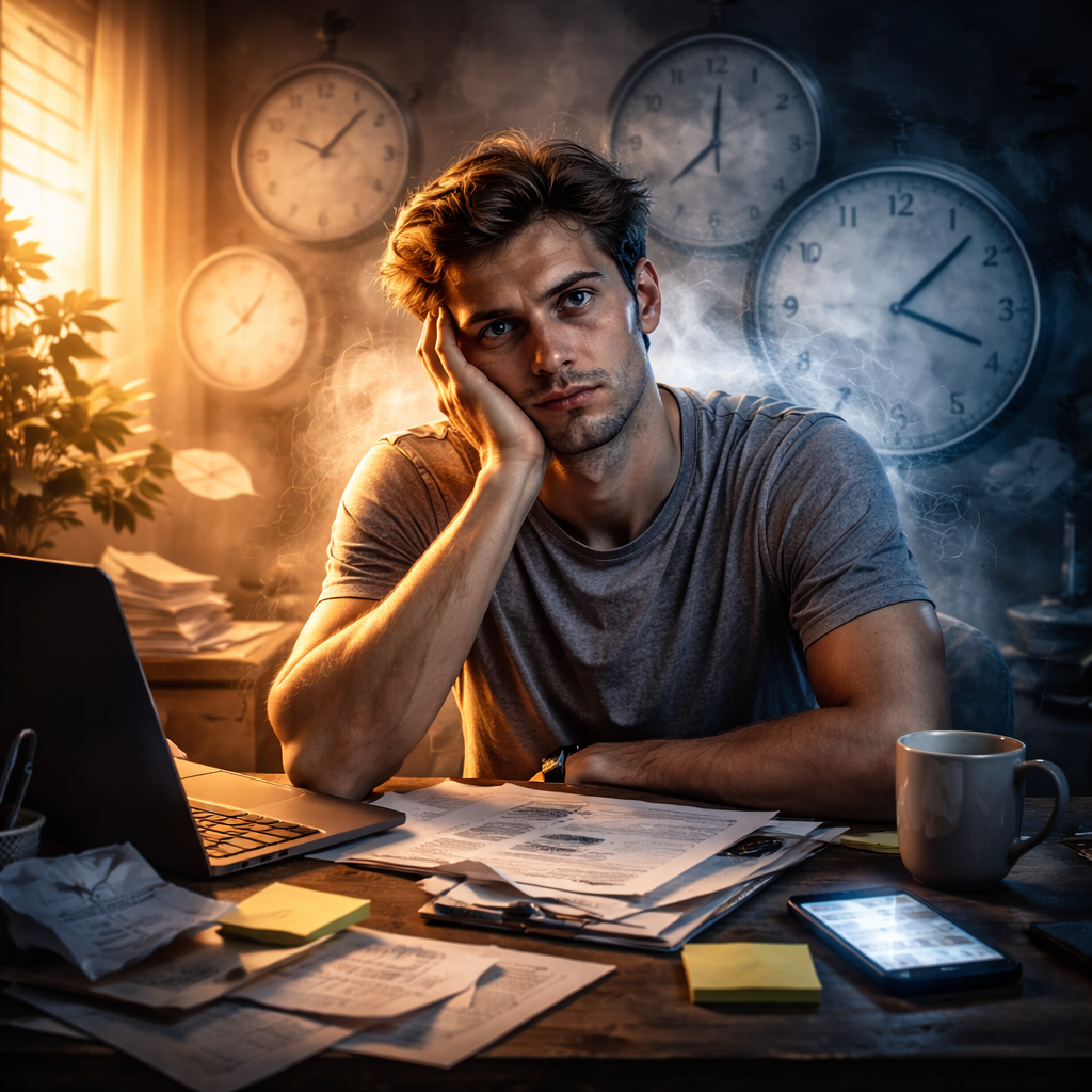 Ilustración conceptual sobre la procrastinación: una persona frente al ordenador bloqueada, simbolizando el estrés, la ansiedad y el retraso en iniciar tareas importantes.