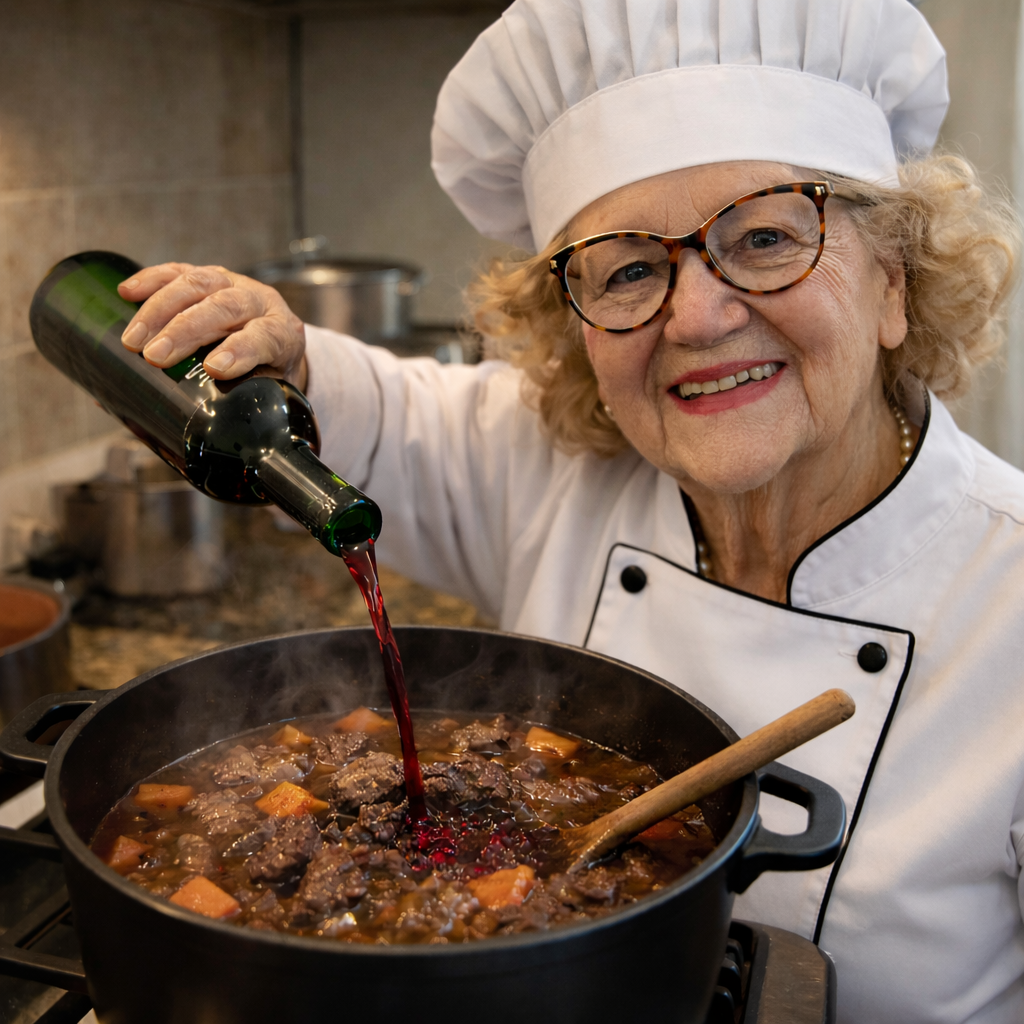 Abuela entrañable desglasando con vino un delicioso estofado