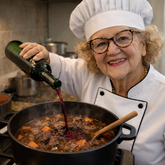 Abuela entrañable desglasando con vino un delicioso estofado