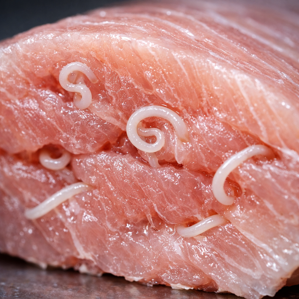 Larvas del parásito anisakis visibles en el interior de un filete de pescado crudo, fotografía macro de alta resolución