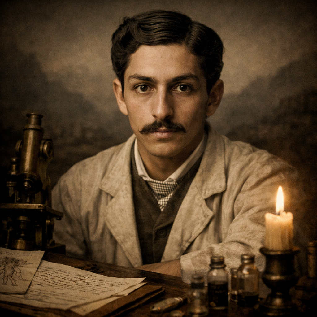 Retrato histórico de Daniel Alcides Carrión, estudiante de medicina peruano del siglo XIX, sentado en su estudio con material médico, símbolo del experimento que cambió la historia de la medicina.