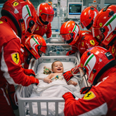 Equipo inspirado en pit stop de Fórmula 1 atendiendo a un bebé en una cuna hospitalaria, mostrando coordinación médica precisa en cuidados intensivos pediátricos
