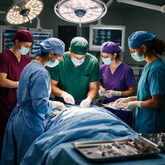 Equipo médico trabajando en un quirófano con distintos especialistas, cada uno vestido con scrubs de diferente color