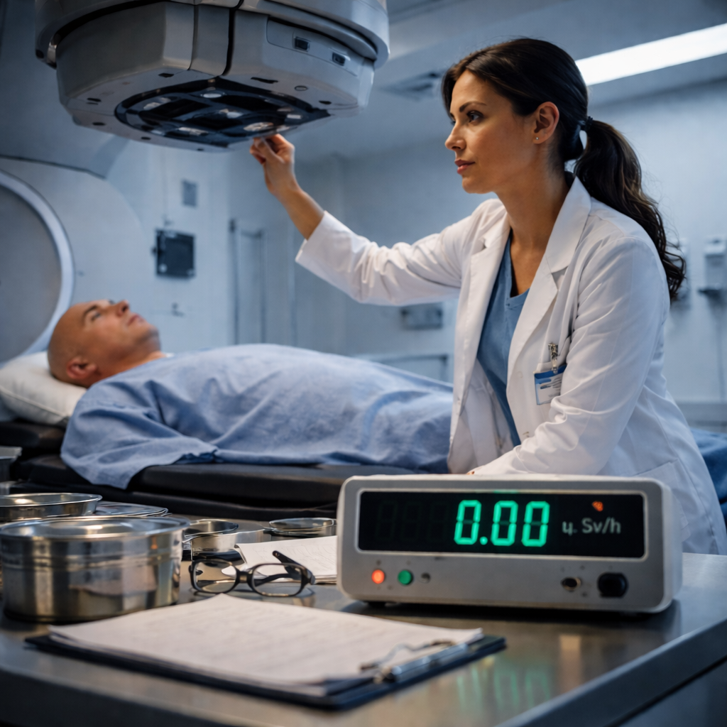 Doctora oncóloga ajustando un acelerador lineal mientras un paciente recibe radioterapia, con un detector de radiación marcando cero, mostrando que el paciente no emite radiación tras el tratamiento