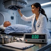 Doctora oncóloga ajustando un acelerador lineal mientras un paciente recibe radioterapia, con un detector de radiación marcando cero, mostrando que el paciente no emite radiación tras el tratamiento