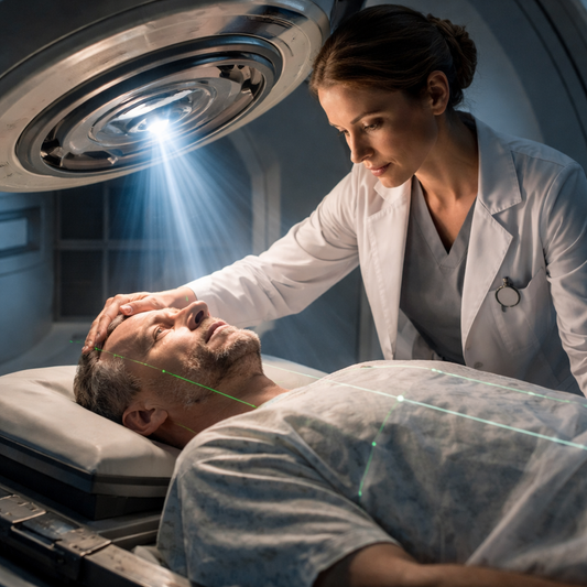 Doctora ajustando con precisión la posición de un paciente en un acelerador lineal de radioterapia, mientras un haz de radiación se dirige de forma controlada sobre su cabeza en un entorno clínico moderno y silencioso.